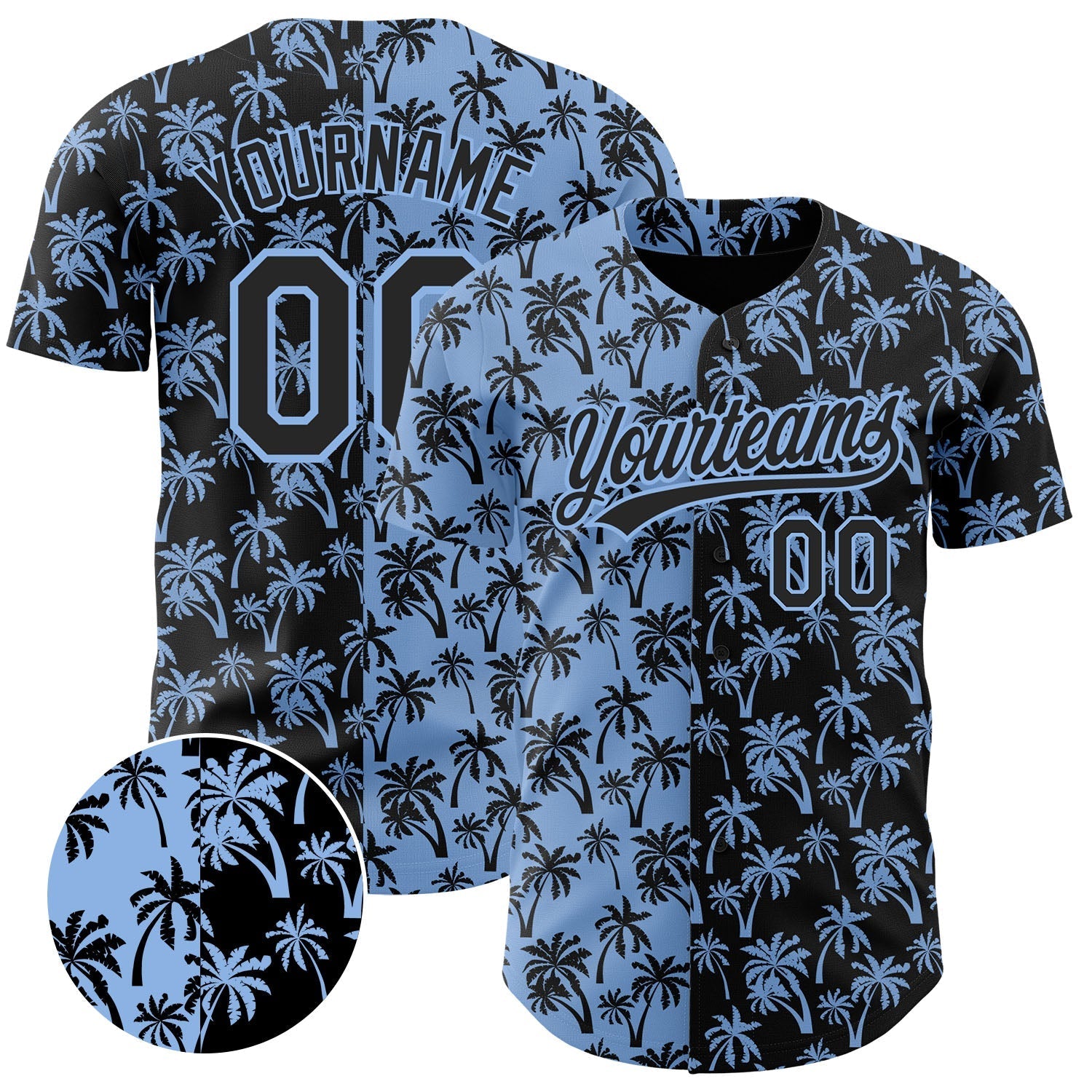 Custom Light Blue Black 3D Pattern Design Tropical Hawaii Palm Trees Authentic Baseball Jersey baseball jersey product view 1