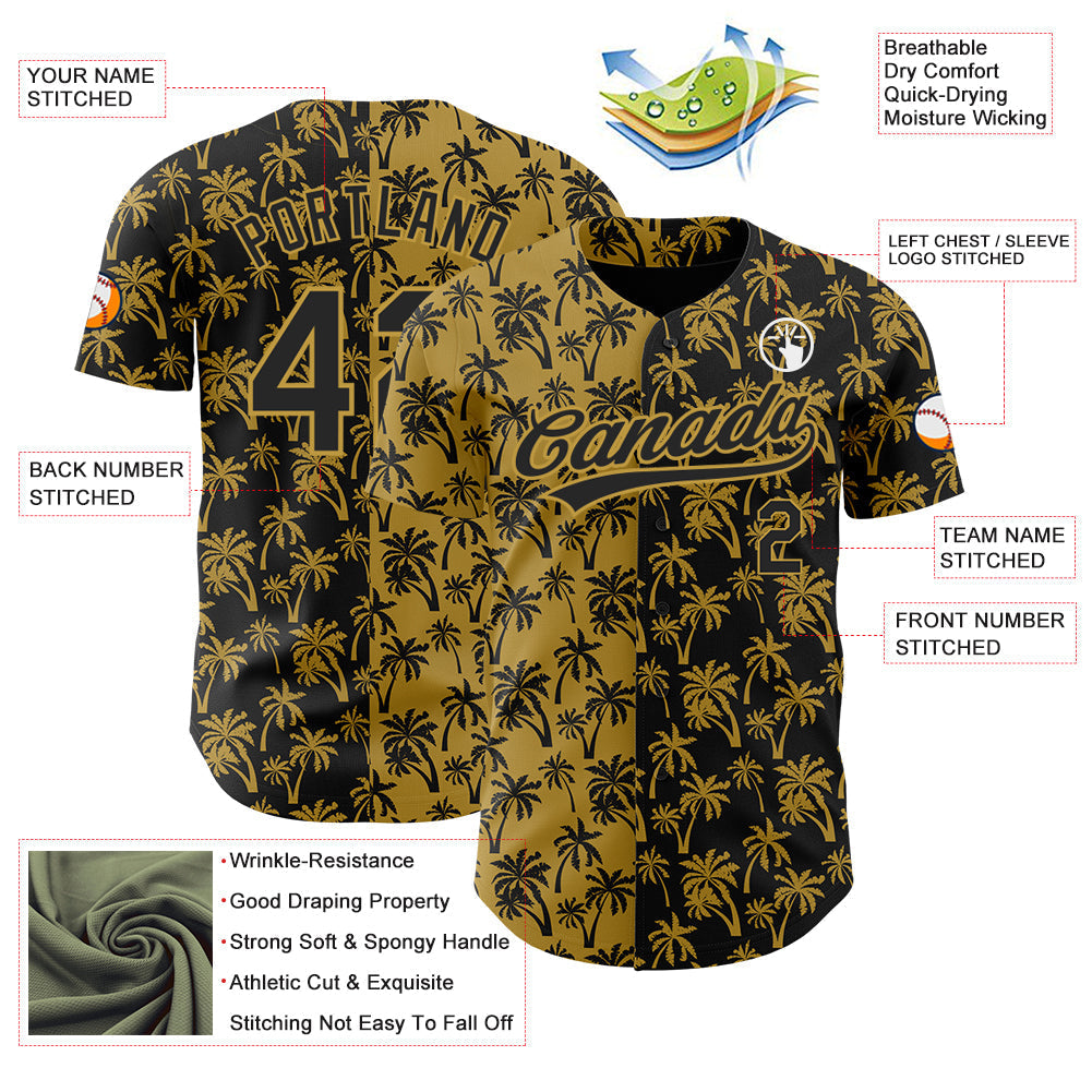 Custom Old Gold Black 3D Pattern Design Tropical Hawaii Palm Trees Authentic Baseball Jersey baseball jersey product view 3