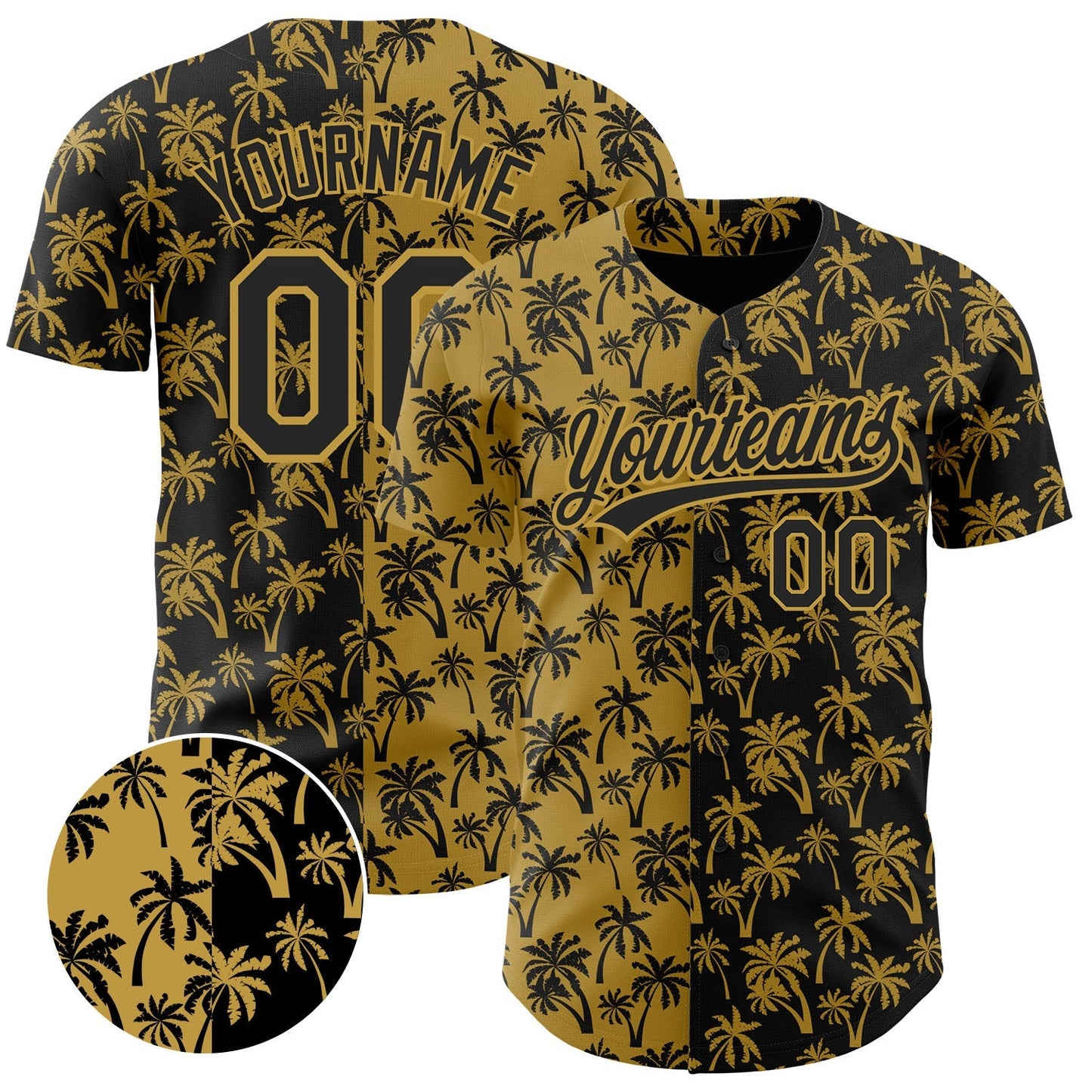 Custom Old Gold Black 3D Pattern Design Tropical Hawaii Palm Trees Authentic Baseball Jersey baseball jersey product view 1
