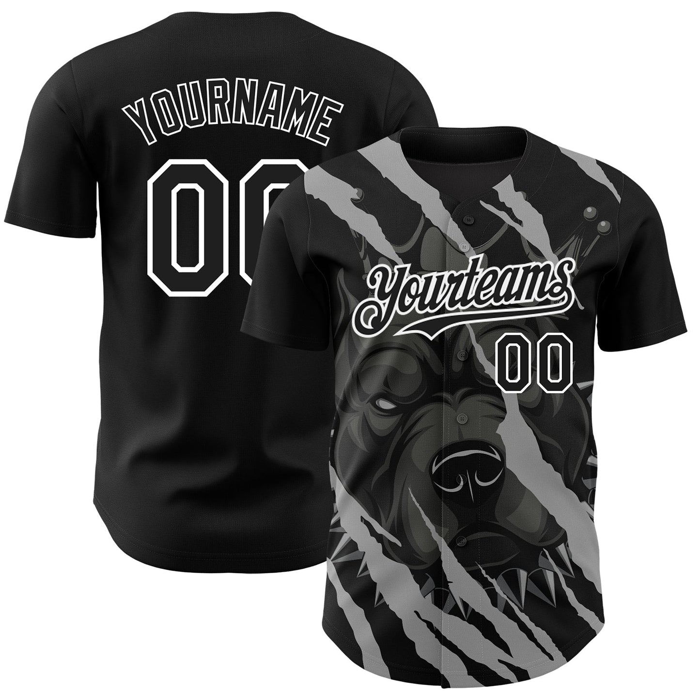 Custom Black White 3D Pattern Design Animal Pitbull Dog Authentic Baseball Jersey baseball jersey product view 1