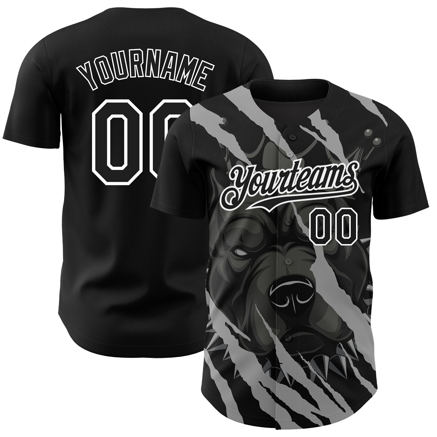 Custom Black White 3D Pattern Design Animal Pitbull Dog Authentic Baseball Jersey baseball jersey product view 1