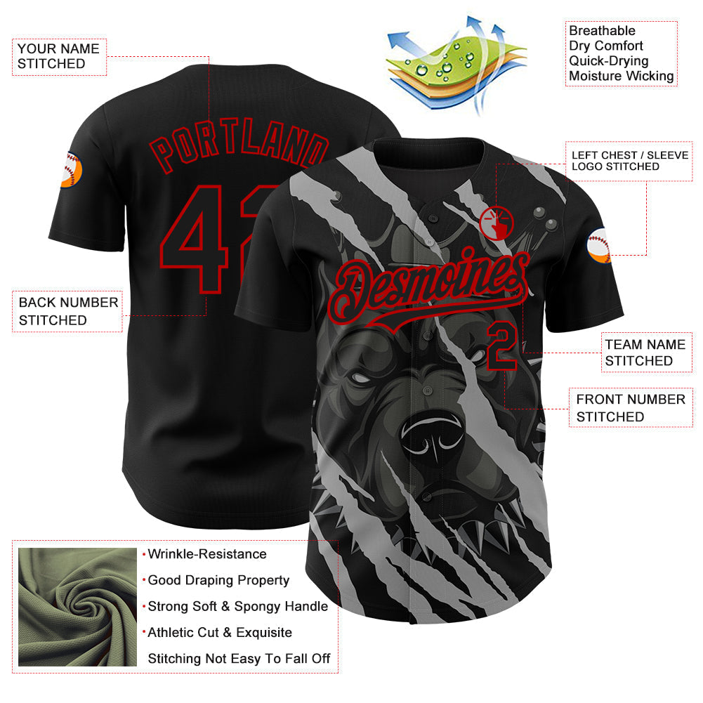 Custom Black Red 3D Pattern Design Animal Pitbull Dog Authentic Baseball Jersey baseball jersey product view 3