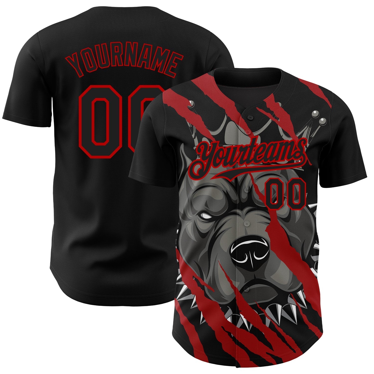 Custom Black Red 3D Pattern Design Animal Pitbull Dog Authentic Baseball Jersey baseball jersey product view 1