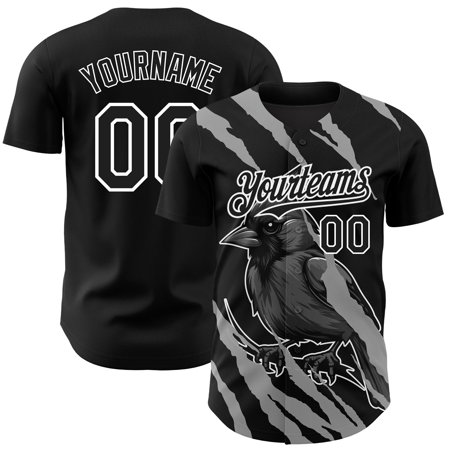 Custom Black White 3D Pattern Design Animal Cardinal Bird Authentic Baseball Jersey baseball jersey product view 1