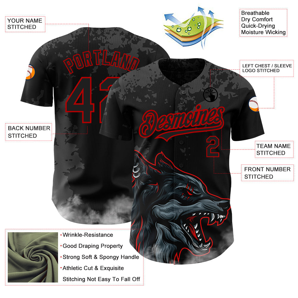 Custom Black Red 3D Pattern Design Animal Wolf Authentic Baseball Jersey baseball jersey product view 3