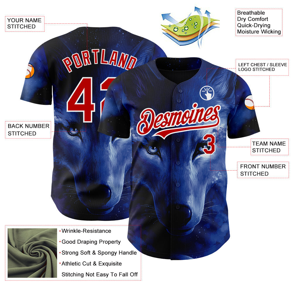 Custom Black Red-White 3D Pattern Design Animal Wolf Authentic Baseball Jersey baseball jersey product view 3