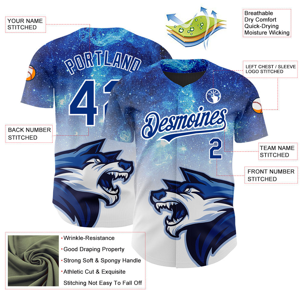 Custom Royal White 3D Pattern Design Animal Wolf Authentic Baseball Jersey baseball jersey product view 3