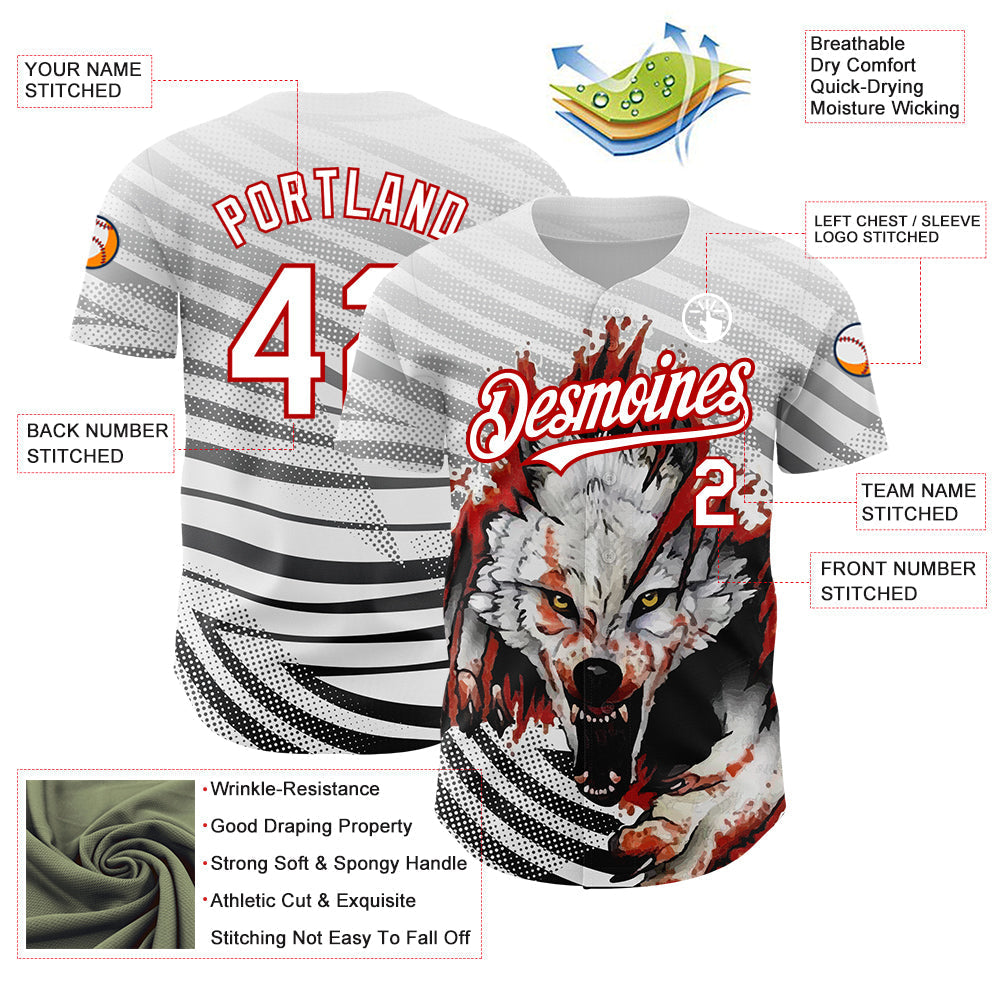Custom White Red 3D Pattern Design Animal Wolf Authentic Baseball Jersey baseball jersey product view 3