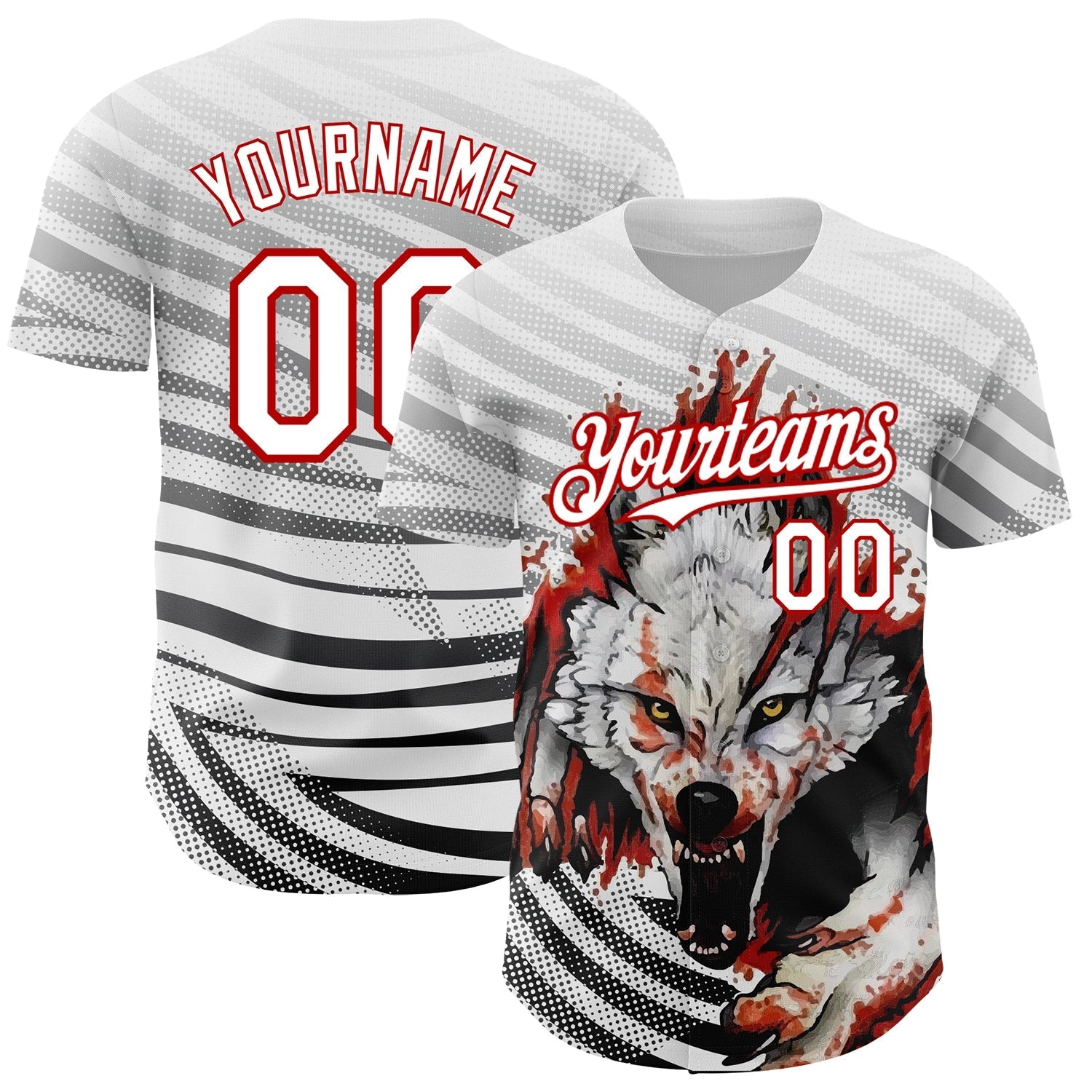Custom White Red 3D Pattern Design Animal Wolf Authentic Baseball Jersey baseball jersey product view 1