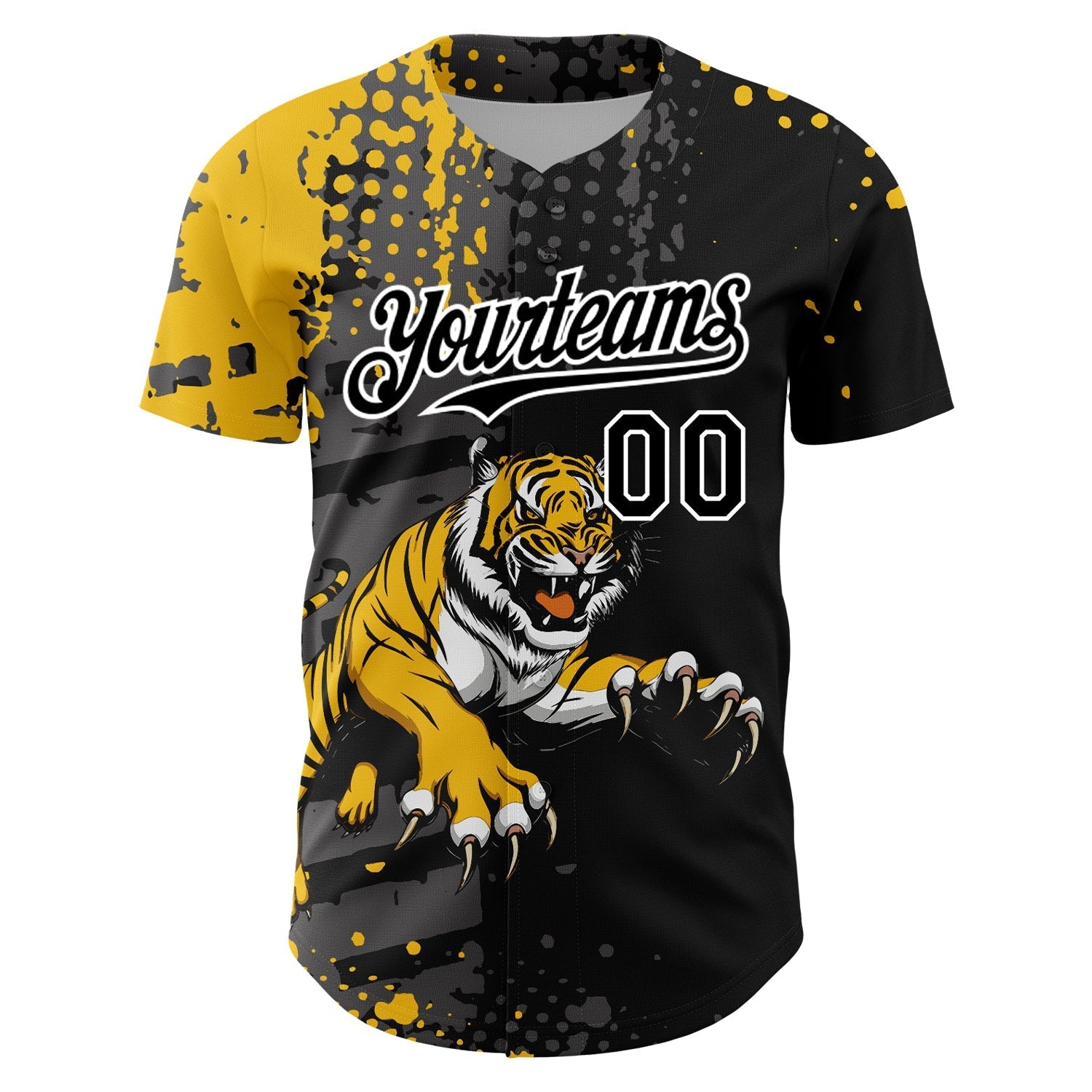 Custom Black Yellow-White 3D Pattern Design Animal Tiger Authentic Baseball Jersey baseball jersey product view 2