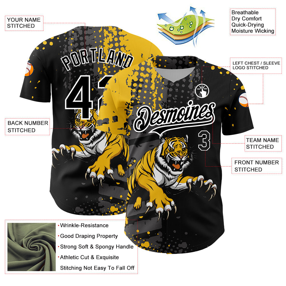 Custom Black Yellow-White 3D Pattern Design Animal Tiger Authentic Baseball Jersey baseball jersey product view 3