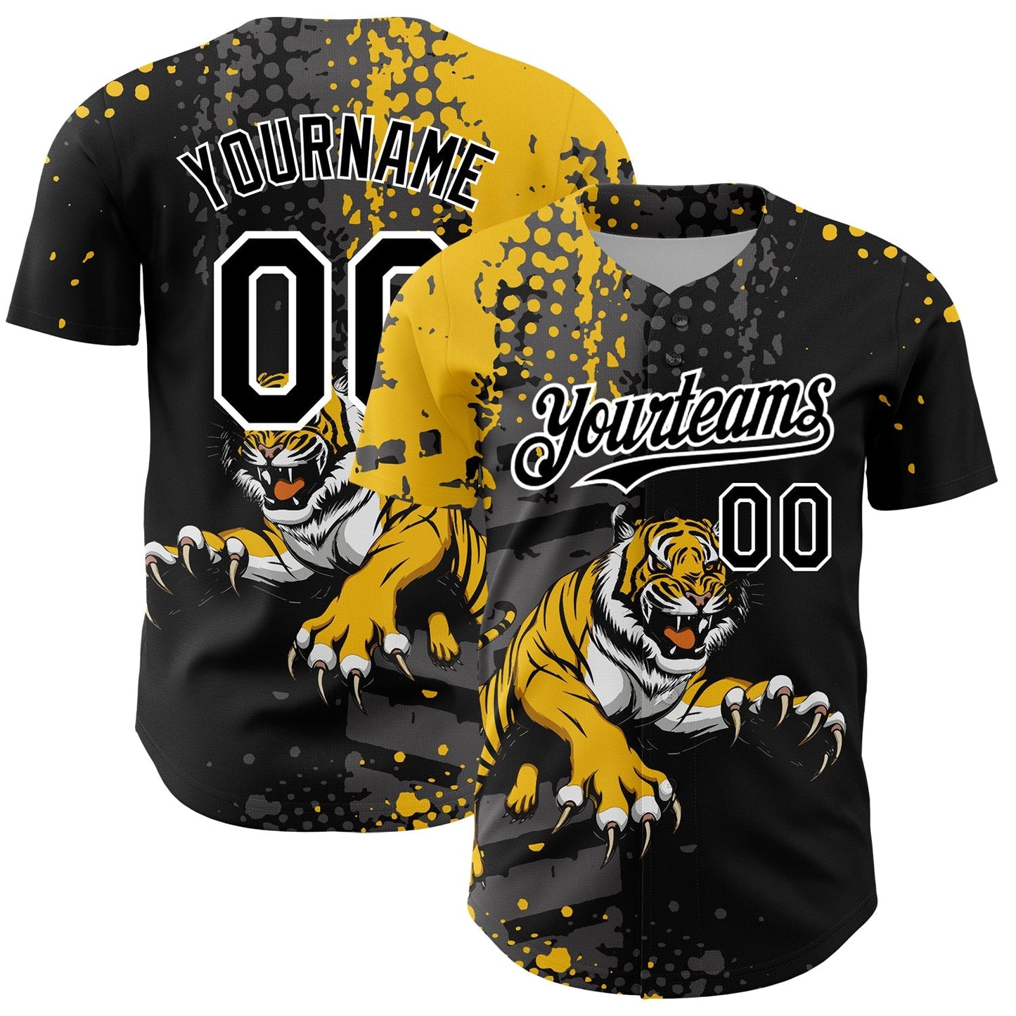 Custom Black Yellow-White 3D Pattern Design Animal Tiger Authentic Baseball Jersey baseball jersey product view 1