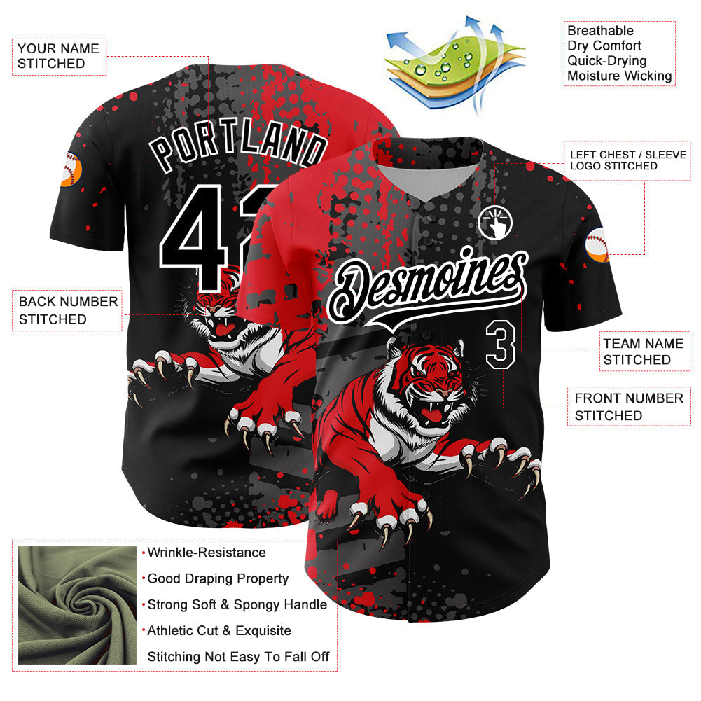 Custom Black Red-White 3D Pattern Design Animal Tiger Authentic Baseball Jersey baseball jersey product view 3