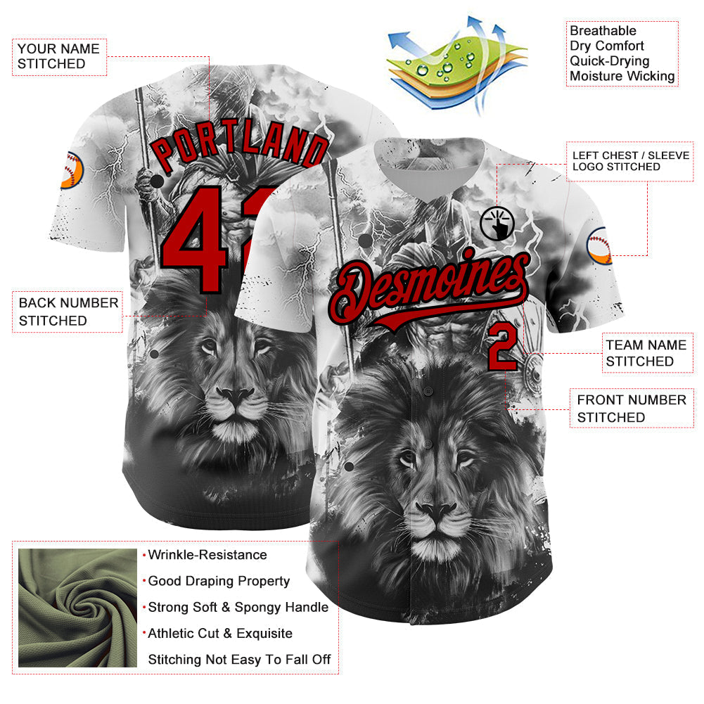 Custom White Red-Black 3D Pattern Design Animal Lion Authentic Baseball Jersey baseball jersey product view 3