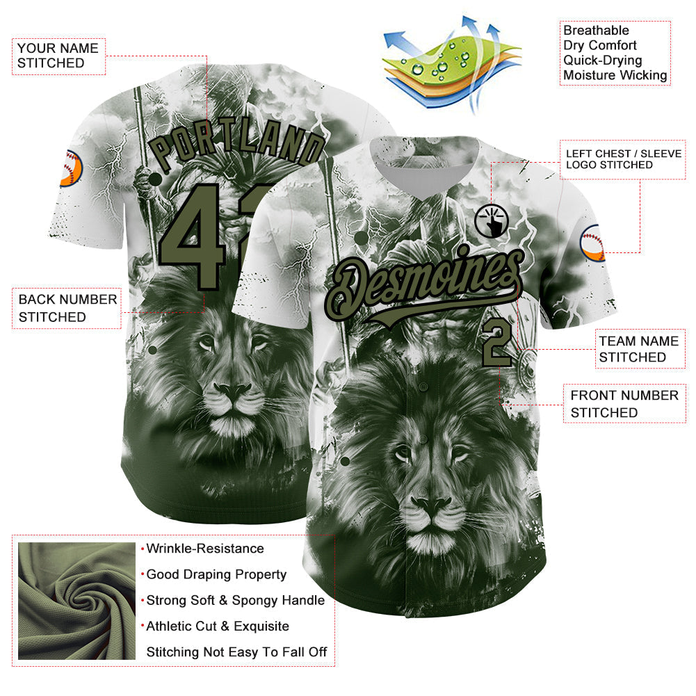Custom White Olive-Black 3D Pattern Design Animal Lion Authentic Baseball Jersey baseball jersey product view 3