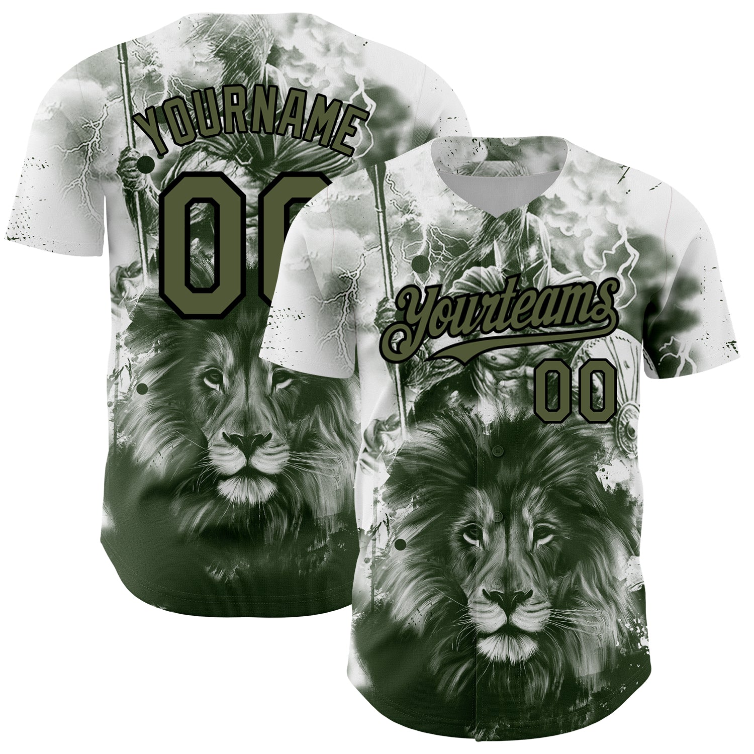 Custom White Olive-Black 3D Pattern Design Animal Lion Authentic Baseball Jersey baseball jersey product view 1
