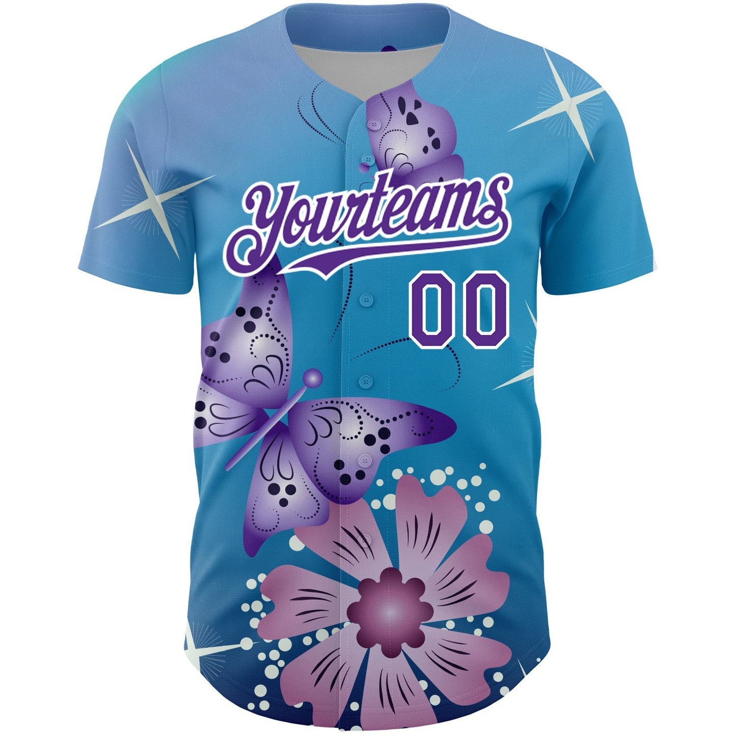 Custom Light Blue Purple-White 3D Pattern Design Animal Butterfly And Flower Authentic Baseball Jersey baseball jersey product view 2