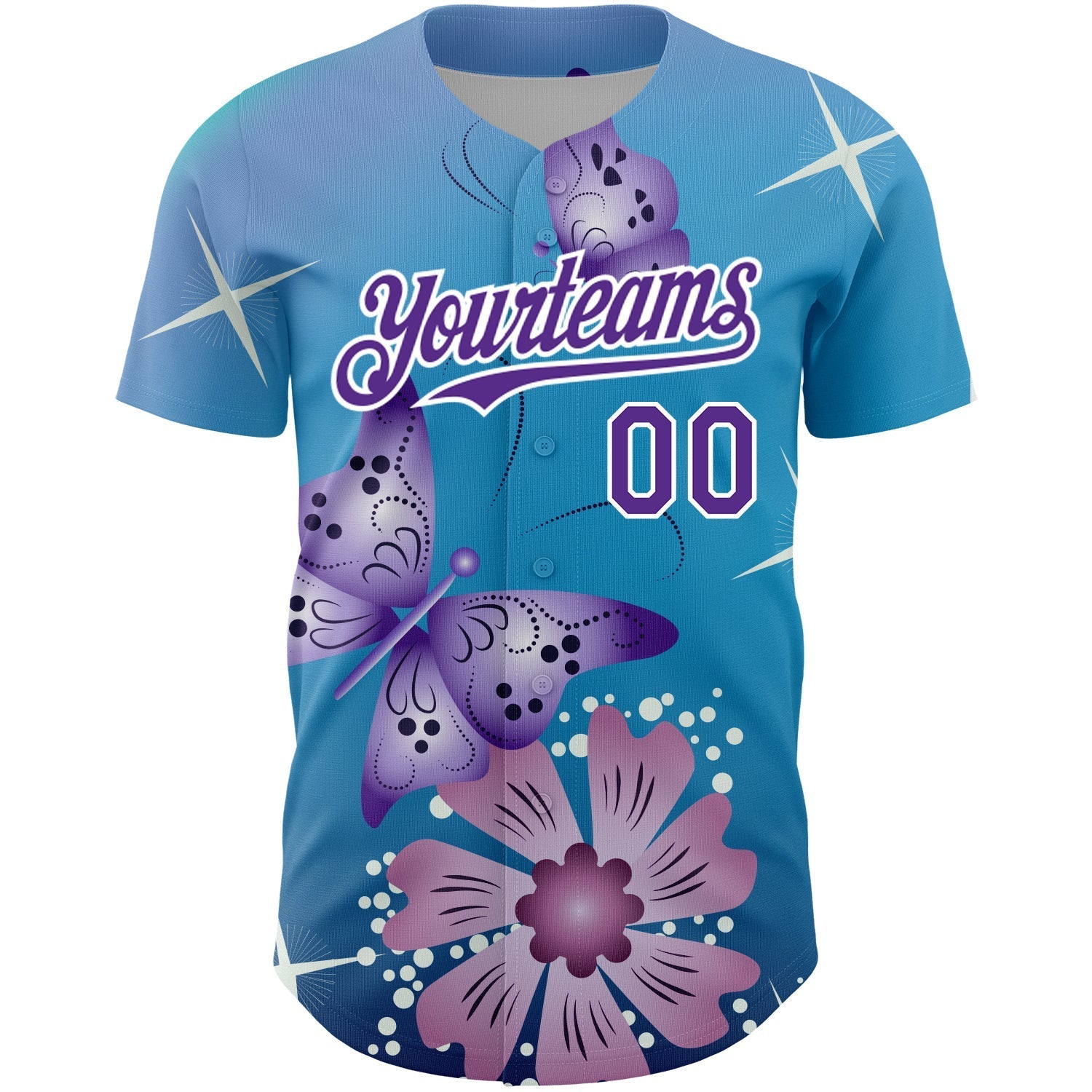 Custom Light Blue Purple-White 3D Pattern Design Animal Butterfly And Flower Authentic Baseball Jersey baseball jersey product view 2