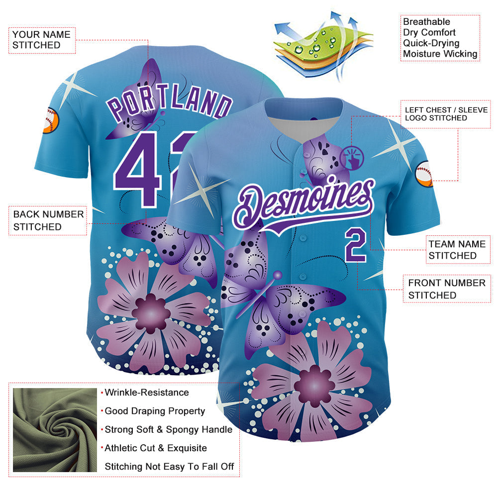 Custom Light Blue Purple-White 3D Pattern Design Animal Butterfly And Flower Authentic Baseball Jersey baseball jersey product view 3
