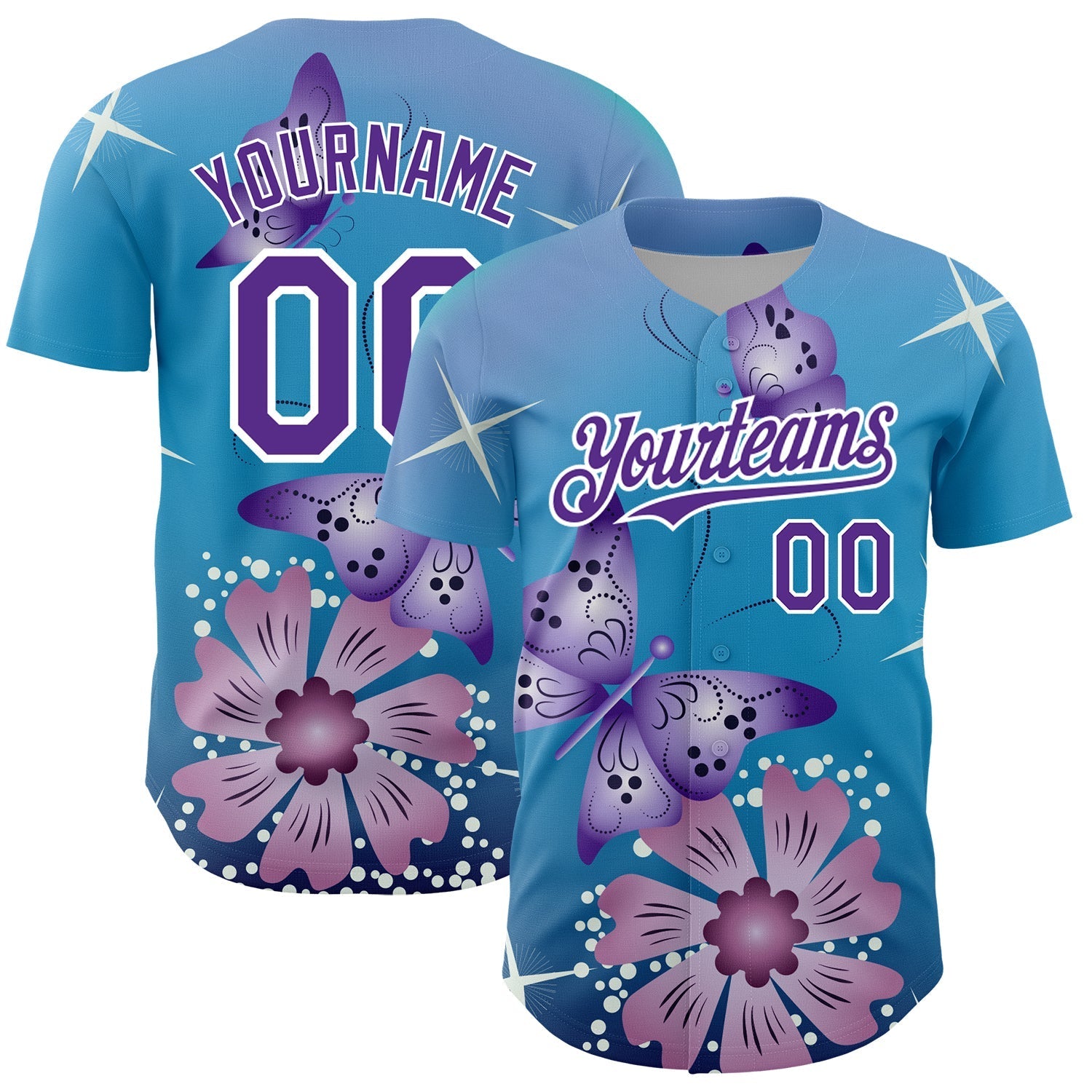 Custom Light Blue Purple-White 3D Pattern Design Animal Butterfly And Flower Authentic Baseball Jersey baseball jersey product view 1