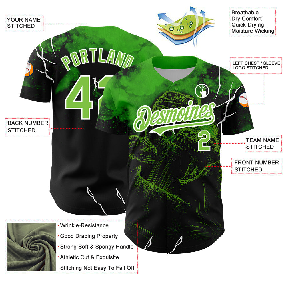 Custom Black Neon Green-White 3D Pattern Design Animal Dinosaur Authentic Baseball Jersey baseball jersey product view 3