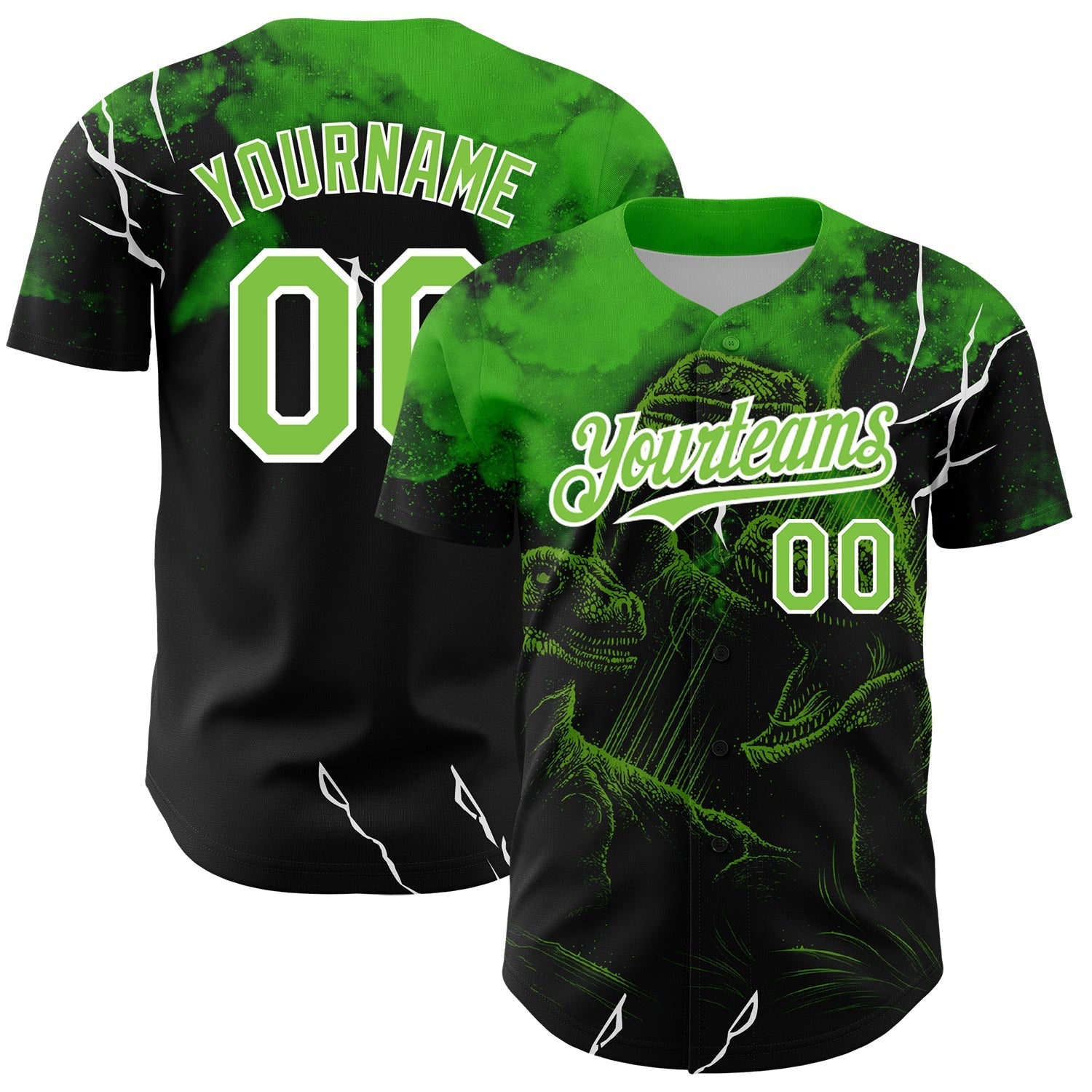 Custom Black Neon Green-White 3D Pattern Design Animal Dinosaur Authentic Baseball Jersey baseball jersey product view 1