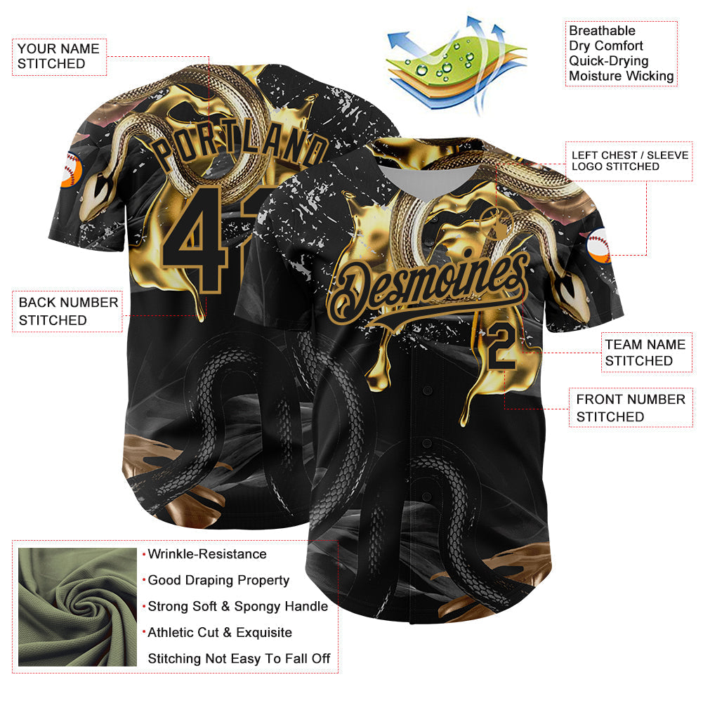 Custom Black Old Gold 3D Pattern Design Animal Snake Authentic Baseball Jersey baseball jersey product view 3