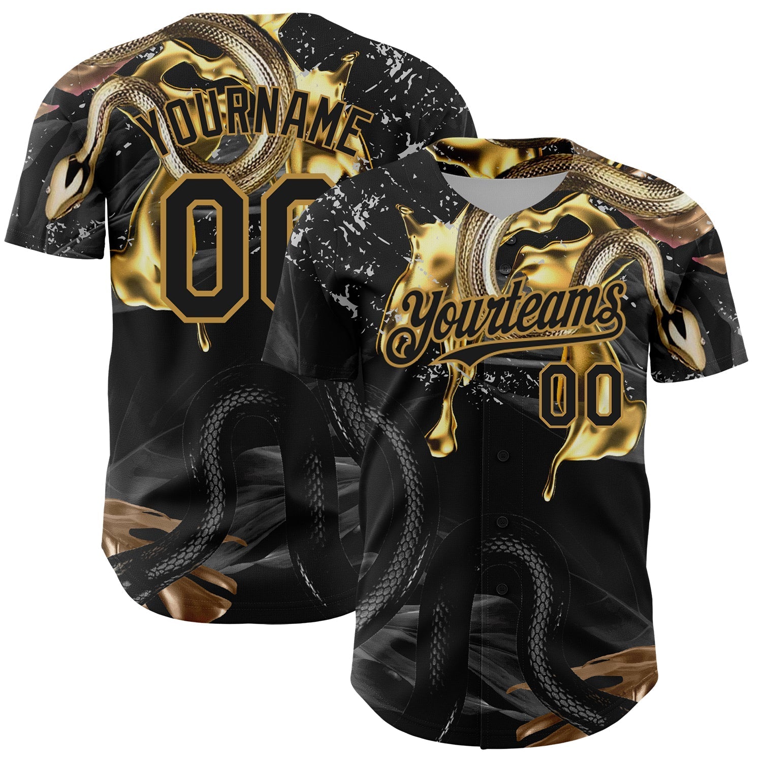Custom Black Old Gold 3D Pattern Design Animal Snake Authentic Baseball Jersey baseball jersey product view 1