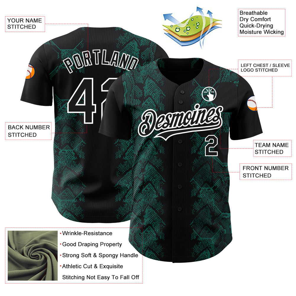 Custom Black Midnight Green-White 3D Pattern Design Animal Snake Authentic Baseball Jersey baseball jersey product view 3