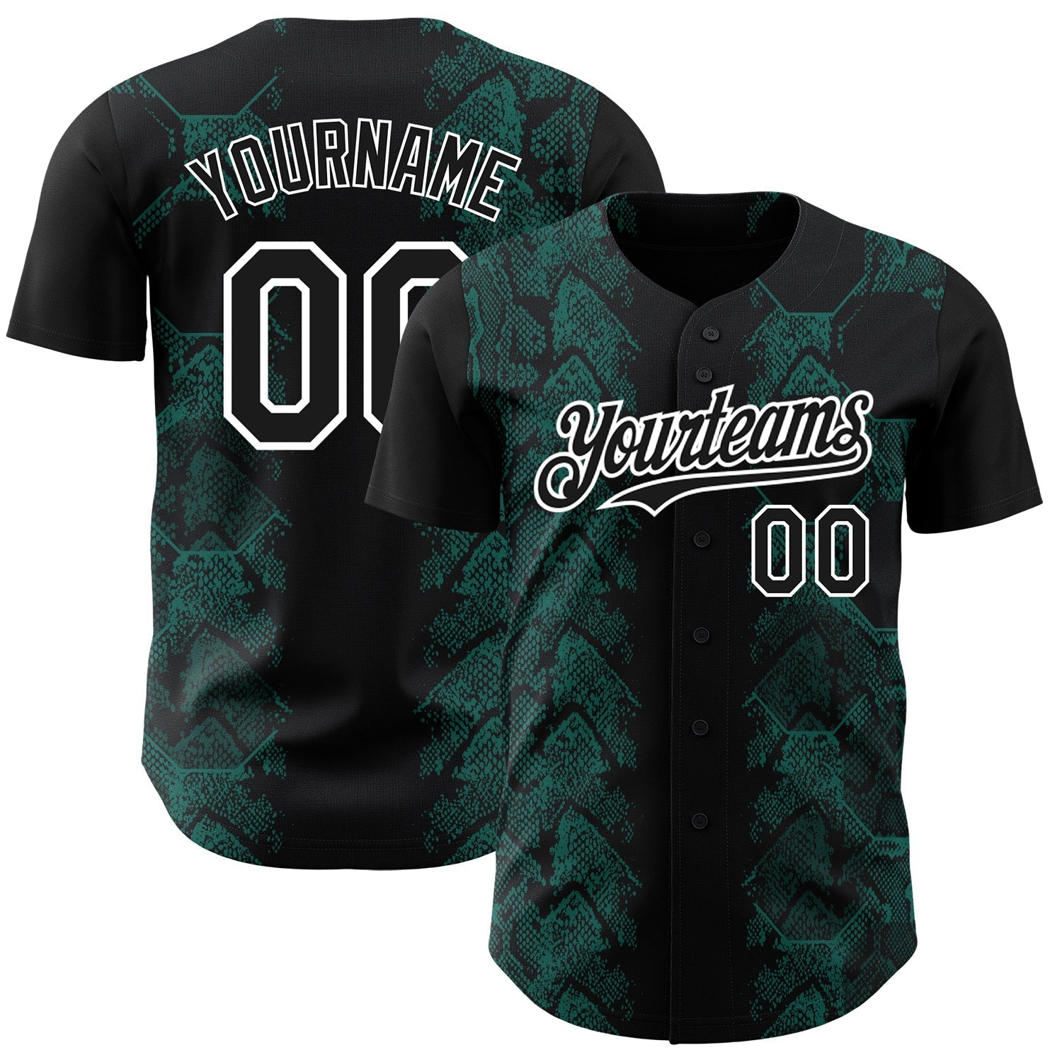 Custom Black Midnight Green-White 3D Pattern Design Animal Snake Authentic Baseball Jersey baseball jersey product view 1