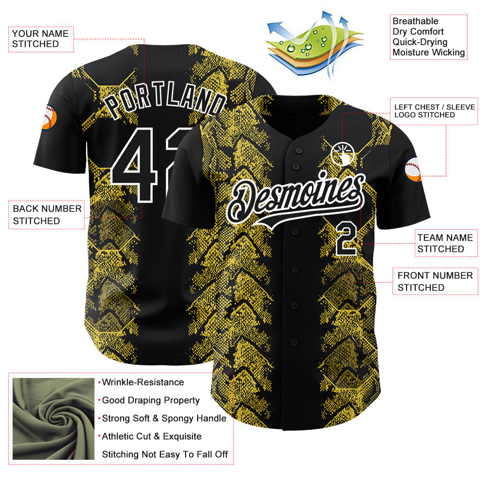 Custom Black Yellow-White 3D Pattern Design Animal Snake Authentic Baseball Jersey baseball jersey product view 3