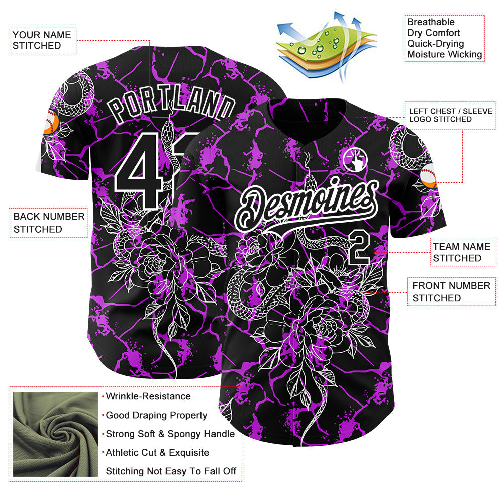 Custom Black Purple-White 3D Pattern Design Animal Snake Authentic Baseball Jersey baseball jersey product view 3