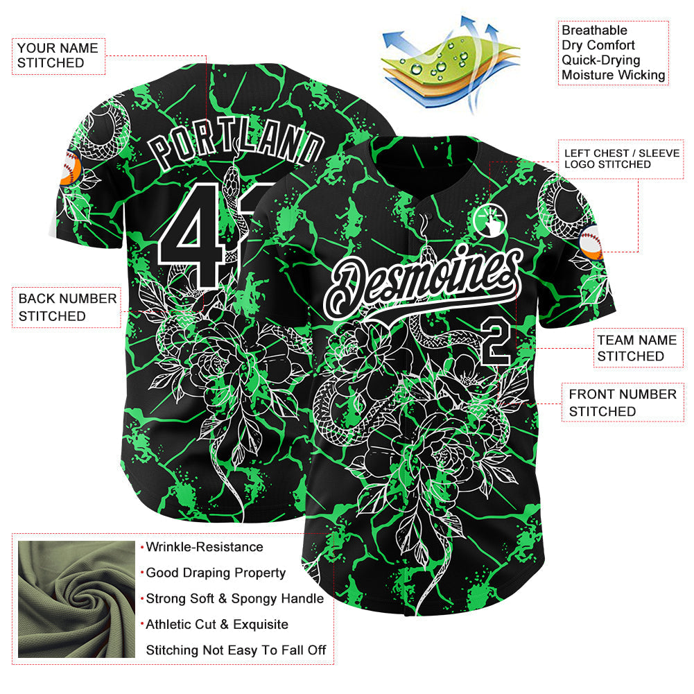 Custom Black Neon Green-White 3D Pattern Design Animal Snake Authentic Baseball Jersey baseball jersey product view 3