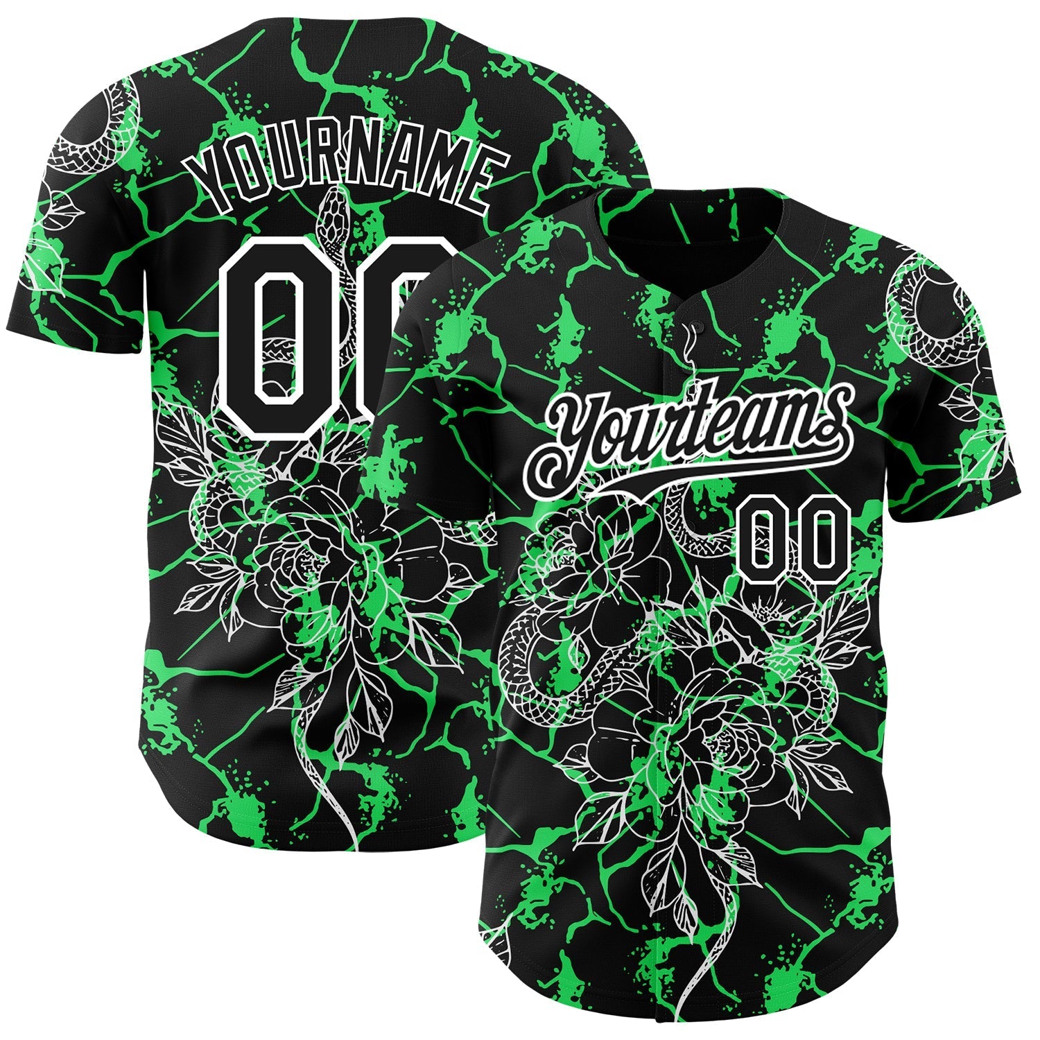 Custom Black Neon Green-White 3D Pattern Design Animal Snake Authentic Baseball Jersey baseball jersey product view 1