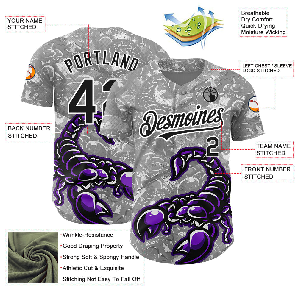 Custom Gray Black-White 3D Pattern Design Animal Scorpion Authentic Baseball Jersey baseball jersey product view 3