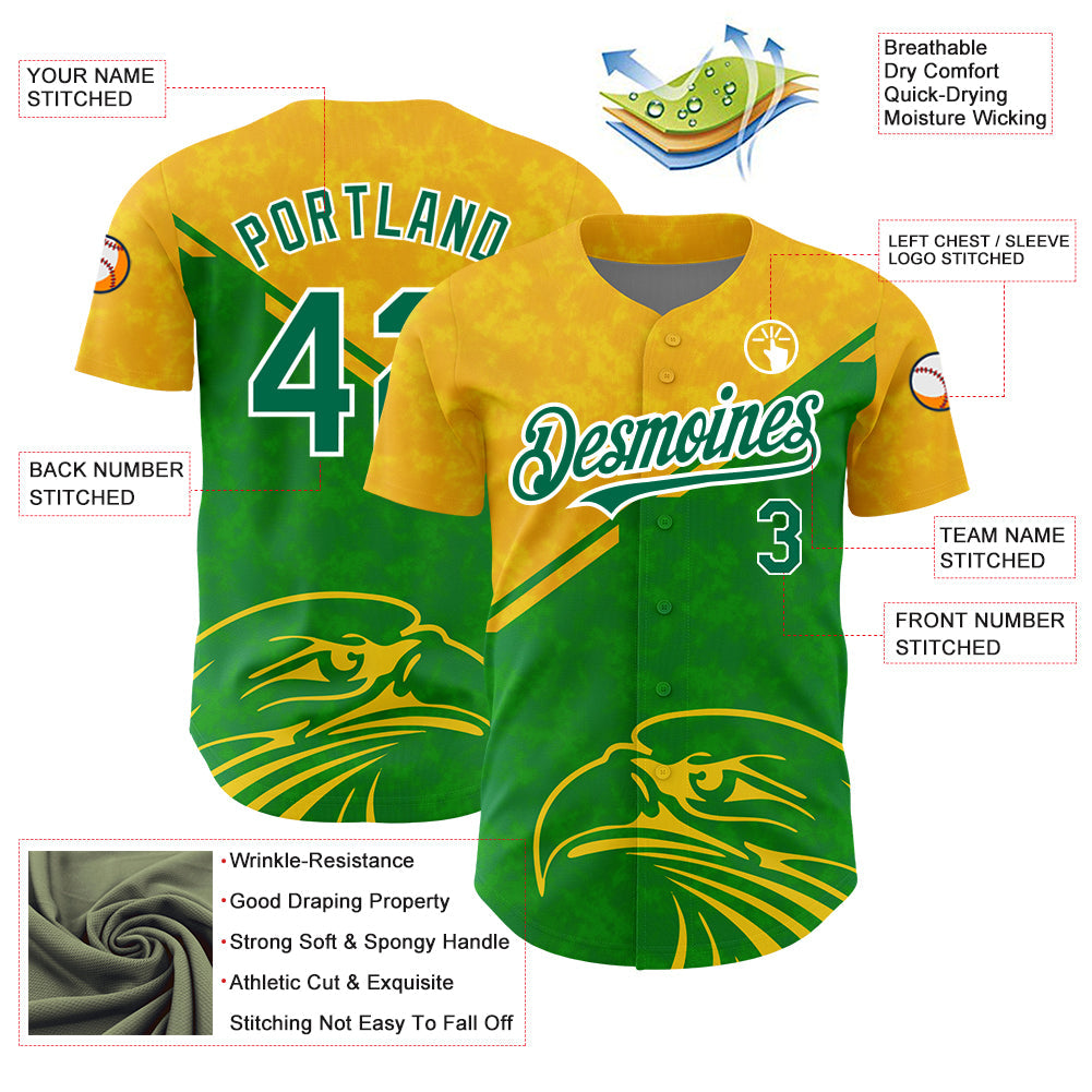 Custom Yellow Kelly Green-White 3D Pattern Design Animal Eagle Authentic Baseball Jersey baseball jersey product view 3