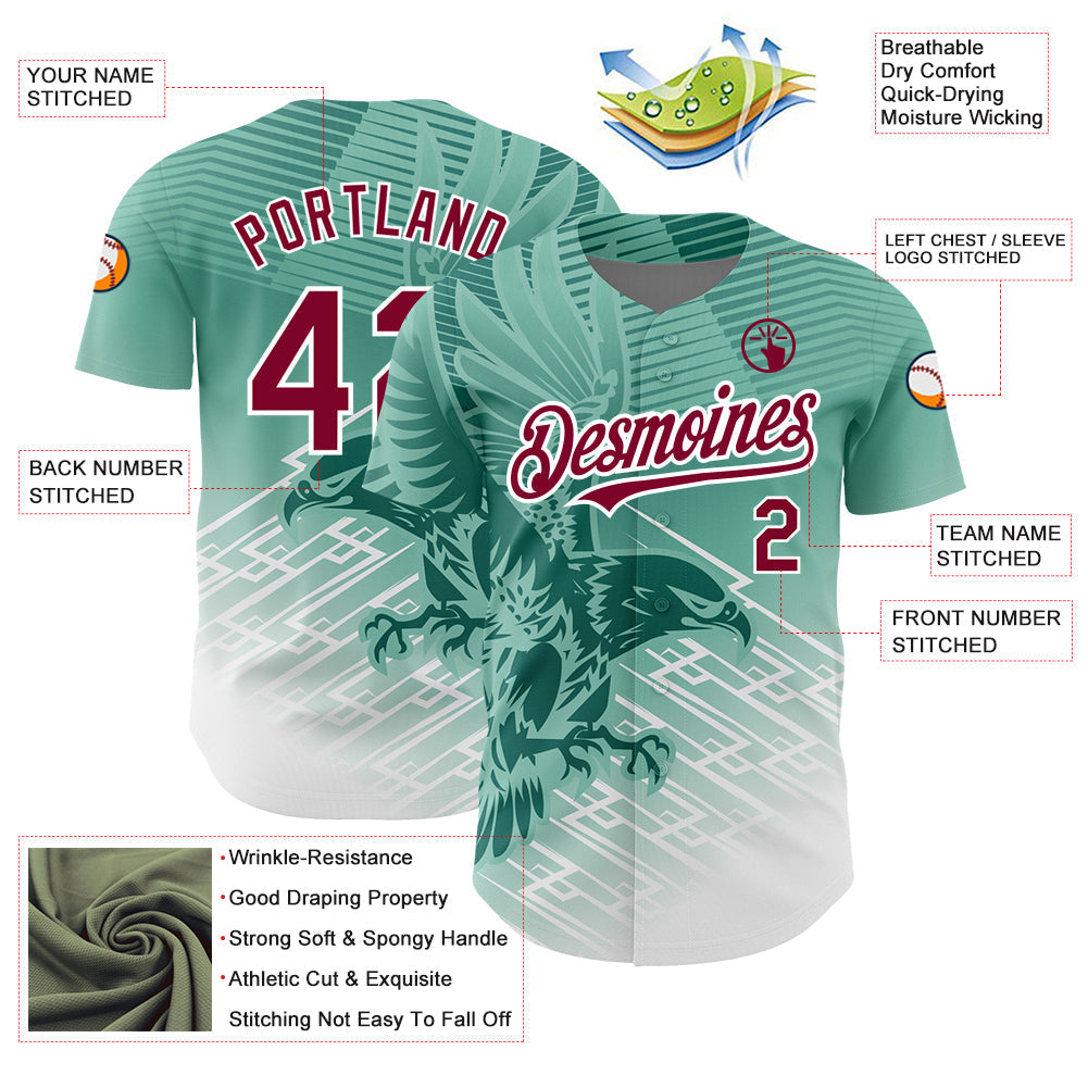 Custom Teal Crimson-White 3D Pattern Design Animal Eagle Authentic Baseball Jersey baseball jersey product view 3