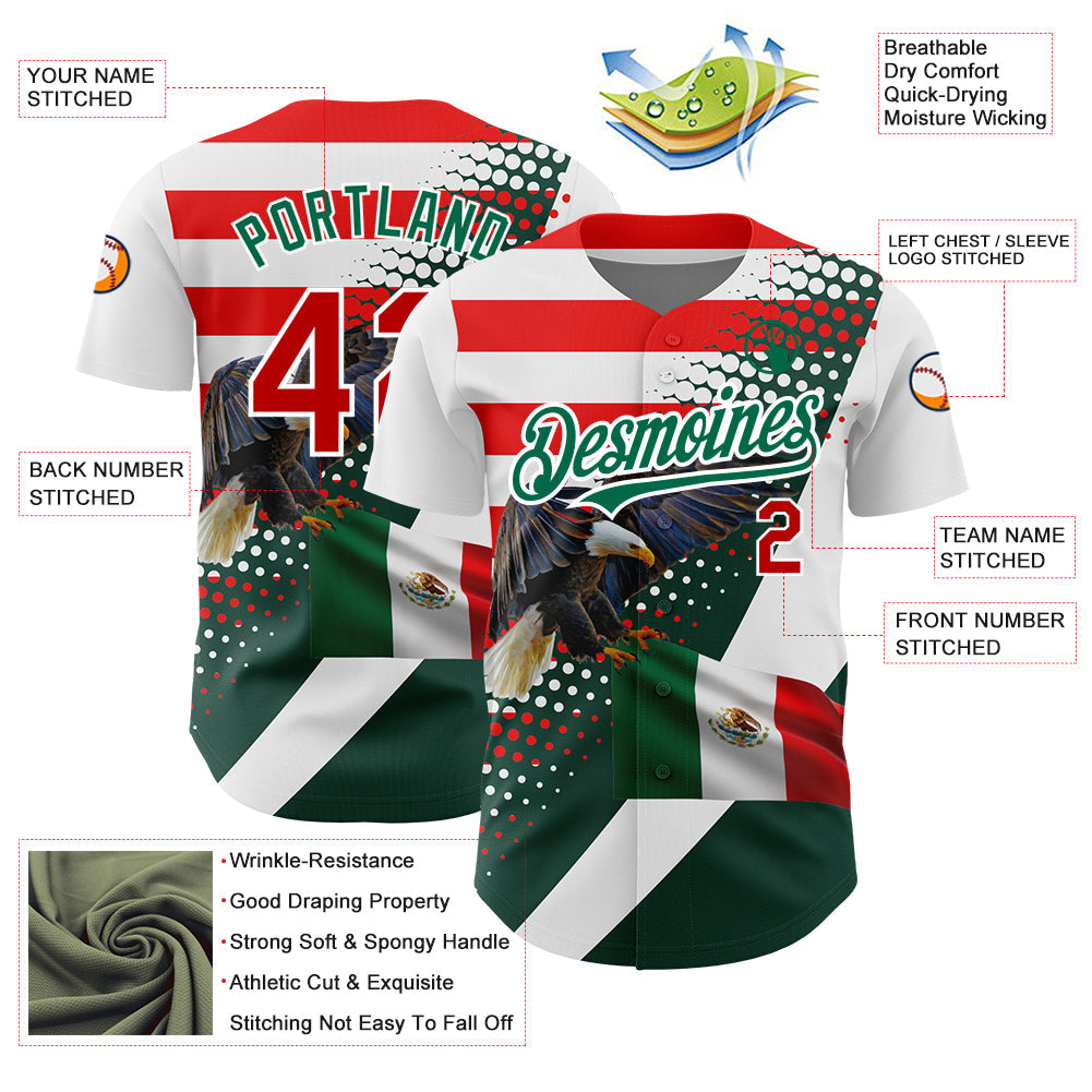 Custom White Red-Kelly Green 3D Mexico Authentic Baseball Jersey baseball jersey product view 3