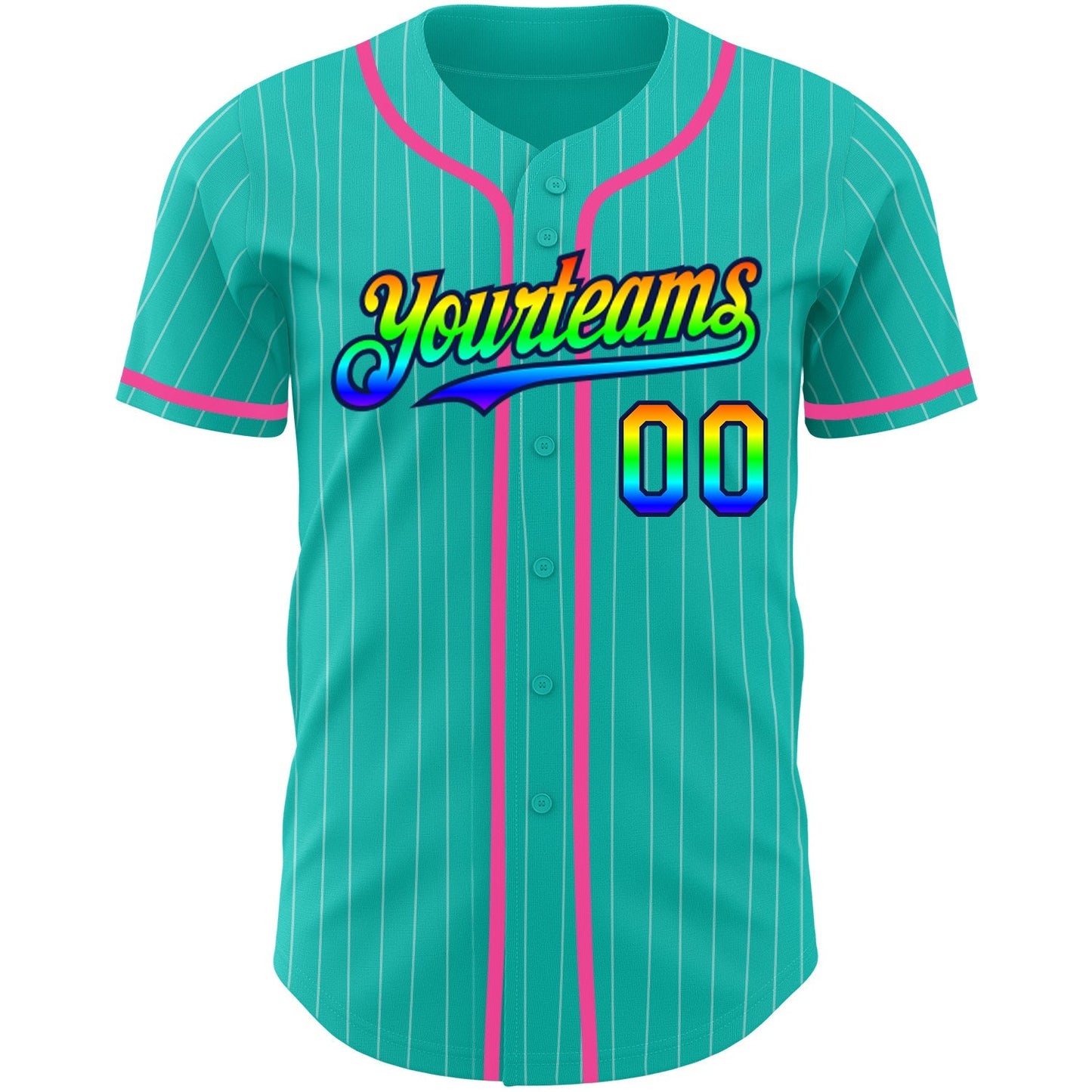 Custom Aqua White Pinstripe Rainbow Navy-Pink 3D Authentic Baseball Jersey baseball jersey product view 2