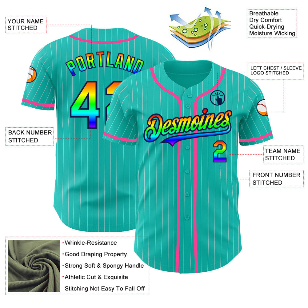 Custom Aqua White Pinstripe Rainbow Navy-Pink 3D Authentic Baseball Jersey baseball jersey product view 3