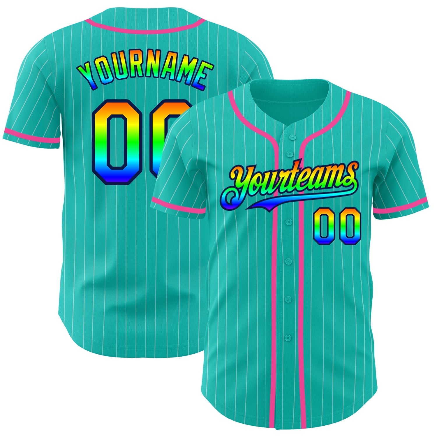 Custom Aqua White Pinstripe Rainbow Navy-Pink 3D Authentic Baseball Jersey baseball jersey product view 1