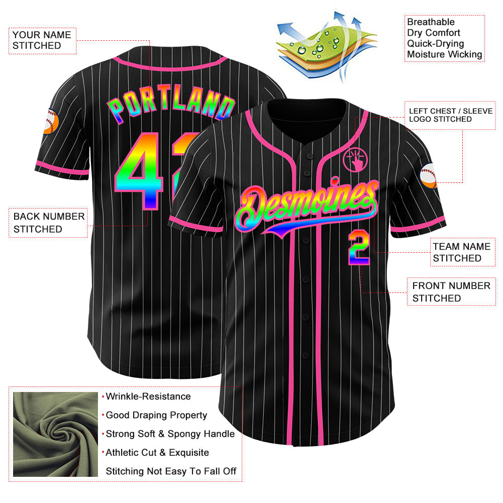 Custom Black White Pinstripe Rainbow-Pink 3D Authentic Baseball Jersey baseball jersey product view 3