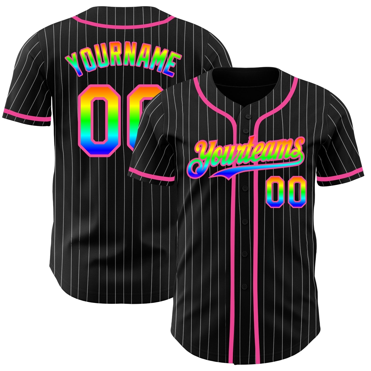 Custom Black White Pinstripe Rainbow-Pink 3D Authentic Baseball Jersey baseball jersey product view 1