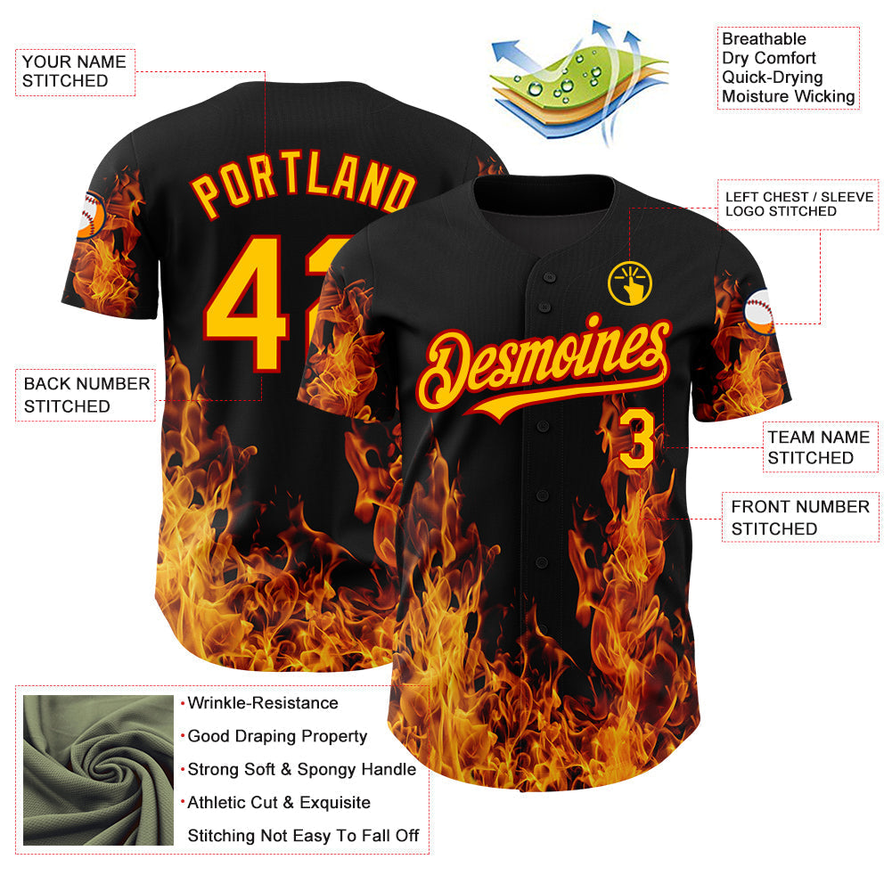 Custom Black Red-Yellow 3D Pattern Design Flame Authentic Baseball Jersey baseball jersey product view 4