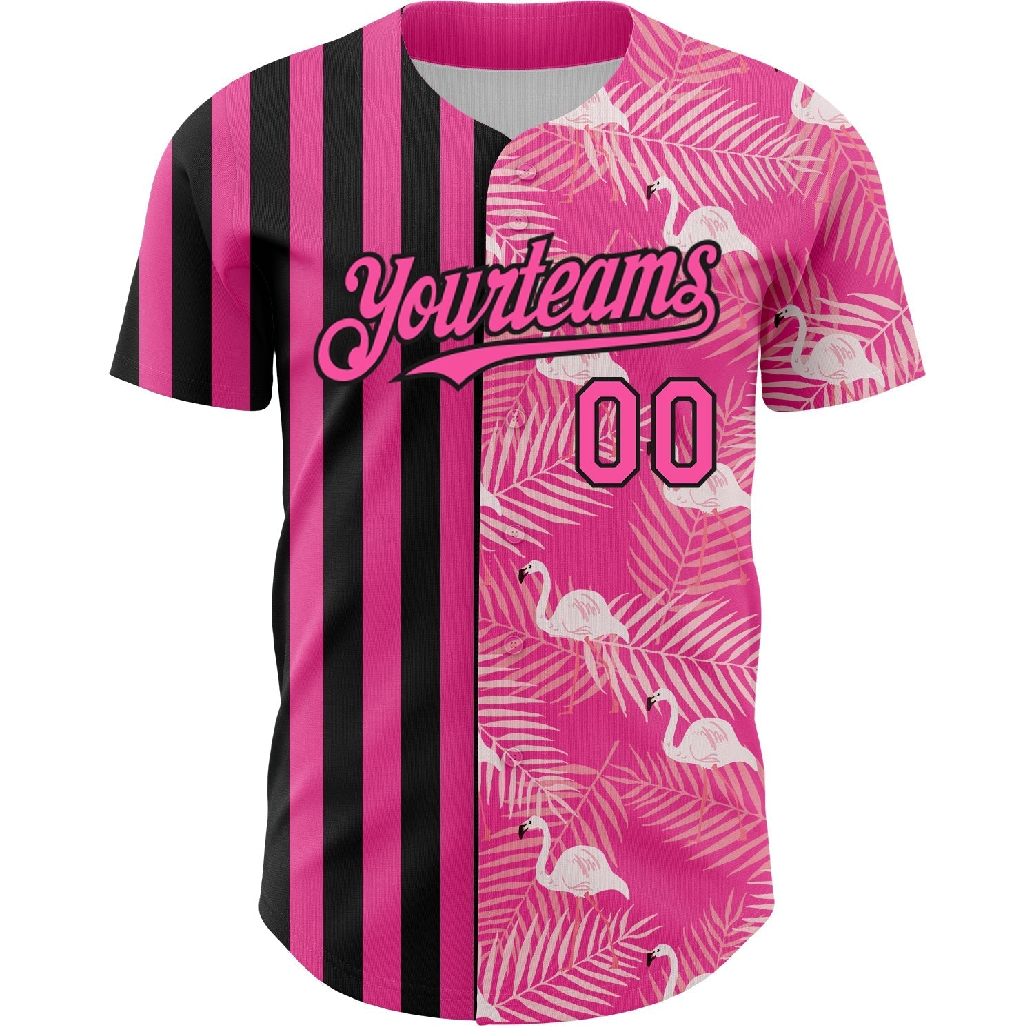 Custom Pink Black 3D Pattern Design Tropical Palm Leaves And Famingo Authentic Baseball Jersey baseball jersey product view 2