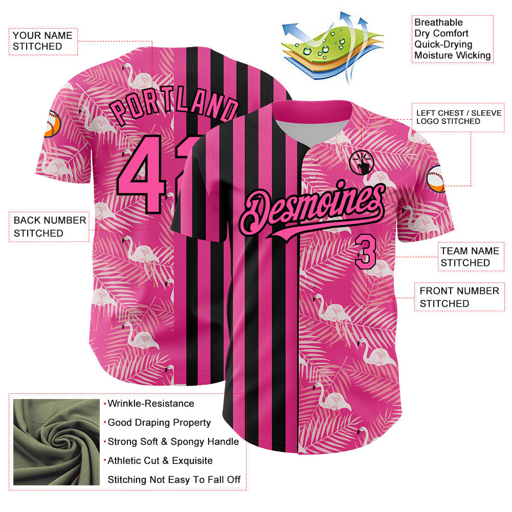 Custom Pink Black 3D Pattern Design Tropical Palm Leaves And Famingo Authentic Baseball Jersey baseball jersey product view 3