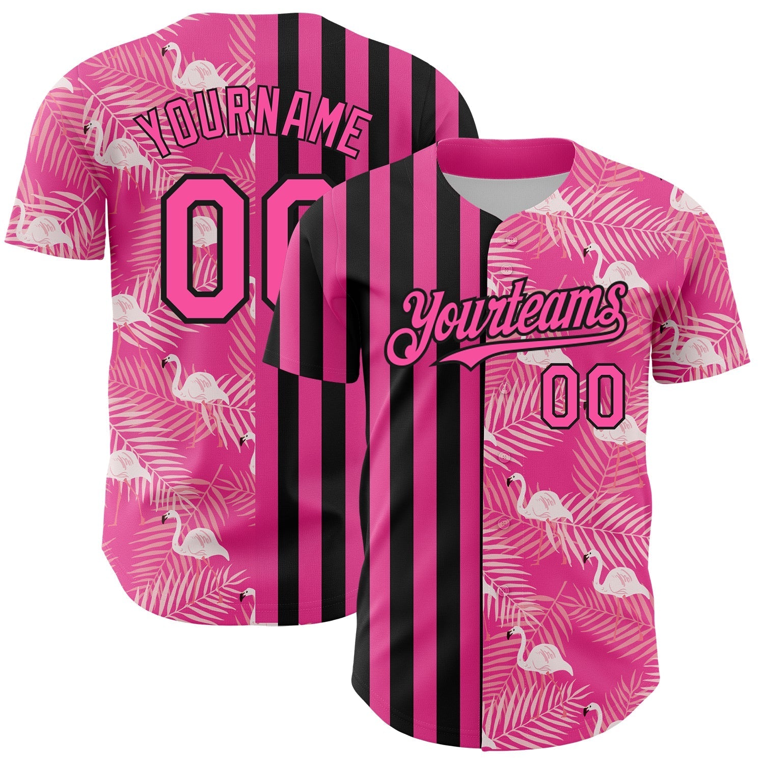 Custom Pink Black 3D Pattern Design Tropical Palm Leaves And Famingo Authentic Baseball Jersey baseball jersey product view 1