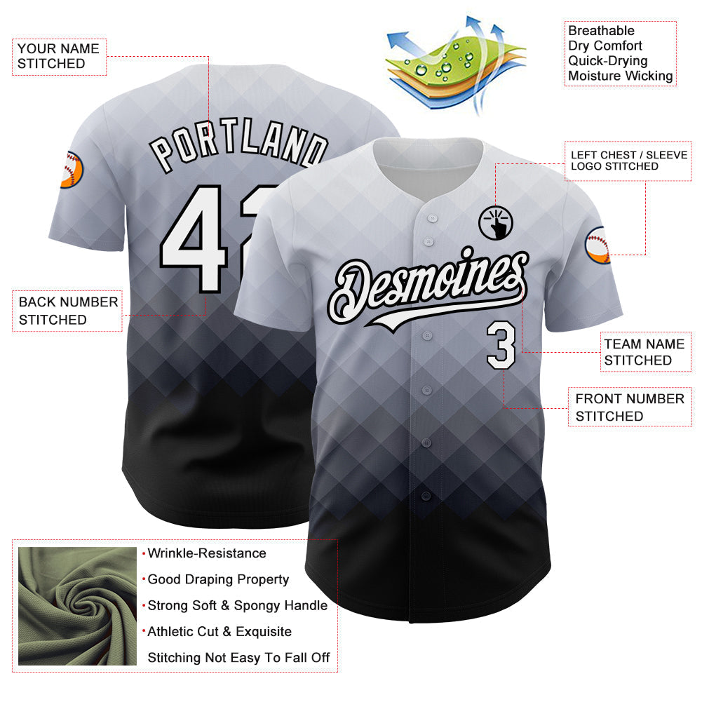 Custom Gray White-Black 3D Pattern Design Gradient Square Shape Authentic Baseball Jersey baseball jersey product view 3