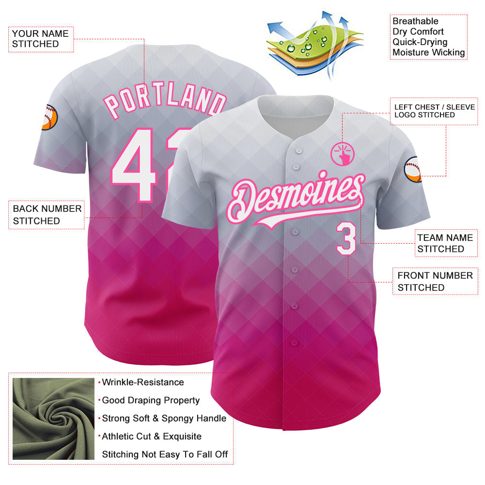 Custom Gray White-Pink 3D Pattern Design Gradient Square Shape Authentic Baseball Jersey baseball jersey product view 3
