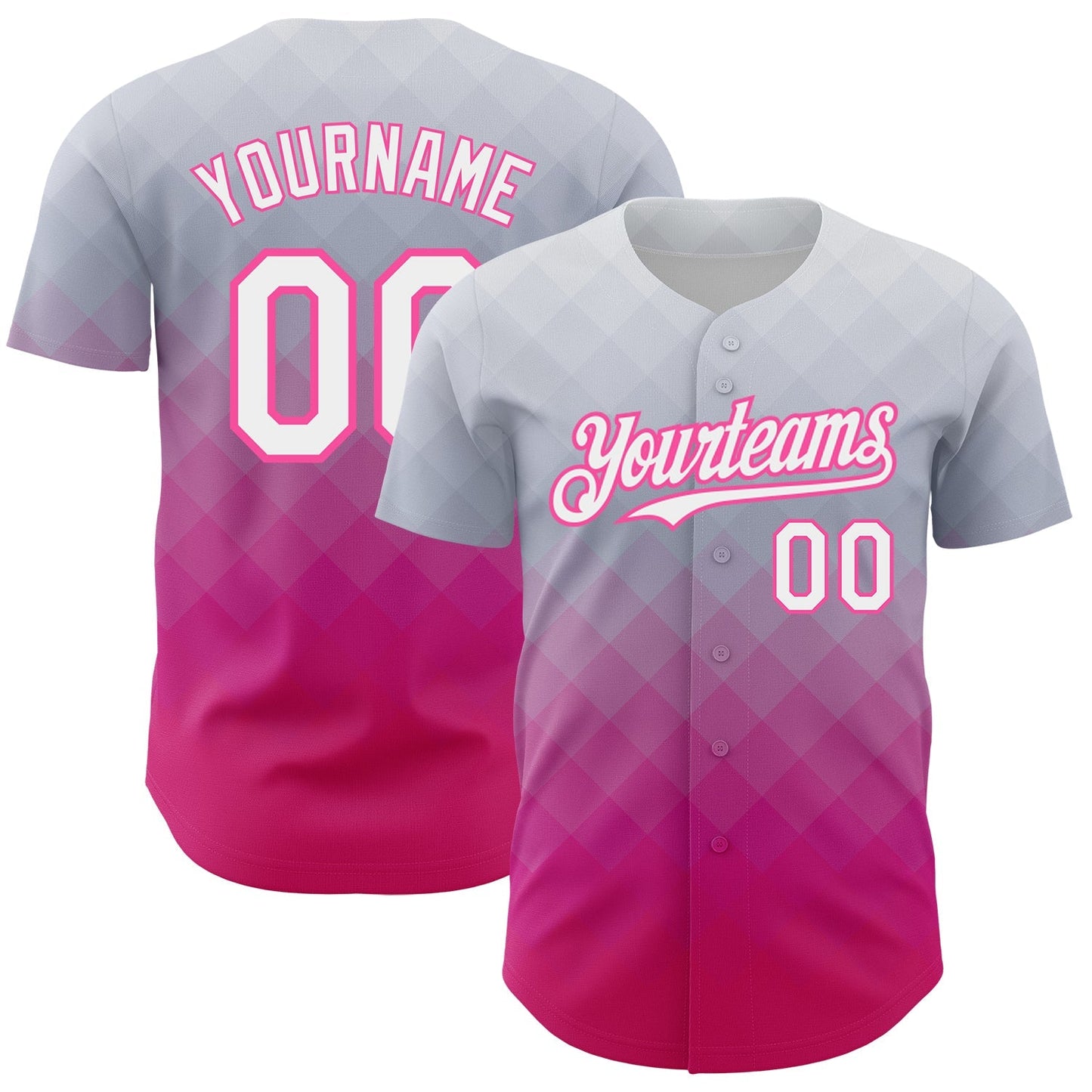 Custom Gray White-Pink 3D Pattern Design Gradient Square Shape Authentic Baseball Jersey baseball jersey product view 1